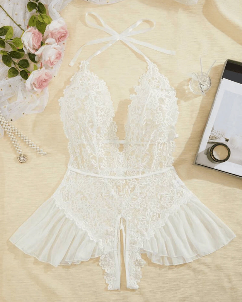 Sexy Hollow Lace See-through Suspenders Open Crotch One-piece Pajamas