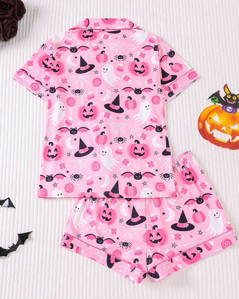 Halloween Fun Print Lapel Short-sleeved Shorts Casual Home Wear Suit