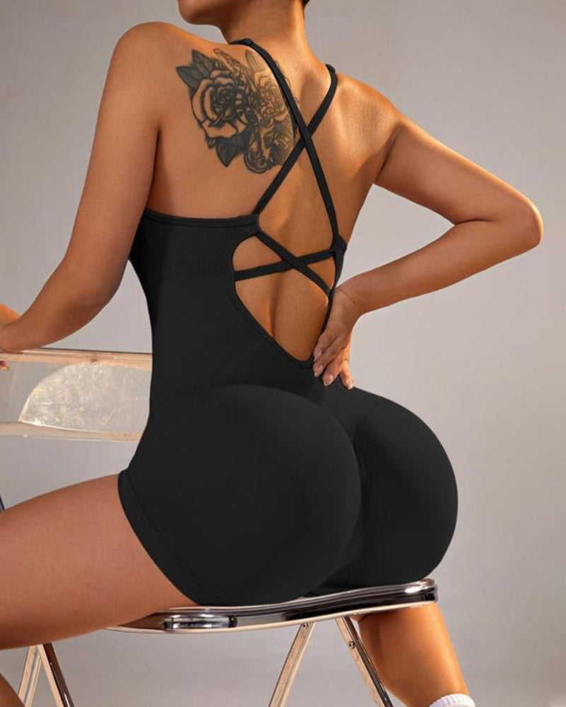 Women's Solid Color Cross Backless Adjustable Straps Sleeveless Bodycon Yoga Sports Bodysuit