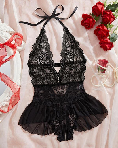 Sexy Hollow Lace See-through Suspenders Open Crotch One-piece Pajamas