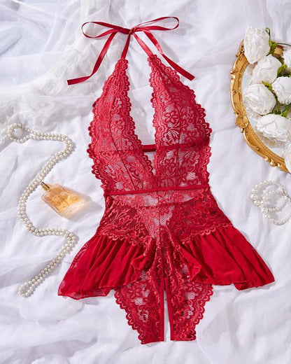 Sexy Hollow Lace See-through Suspenders Open Crotch One-piece Pajamas