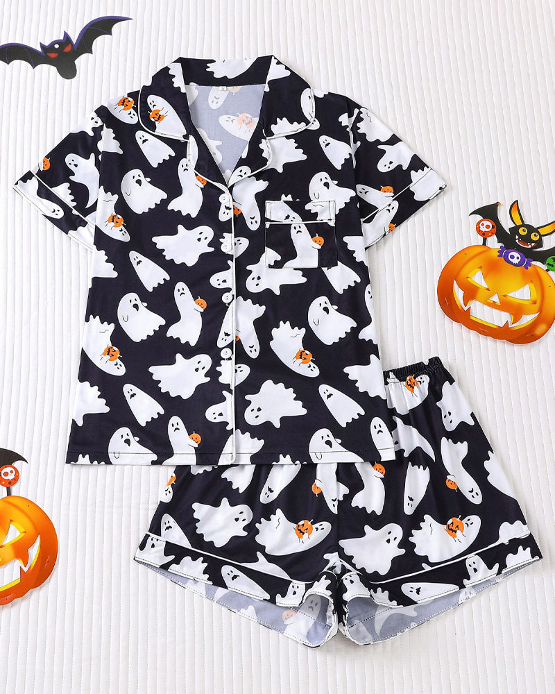 Halloween Fun Print Lapel Short-sleeved Shorts Casual Home Wear Suit