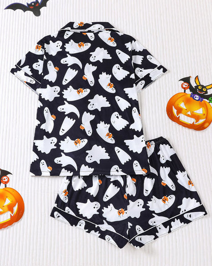 Halloween Fun Print Lapel Short-sleeved Shorts Casual Home Wear Suit