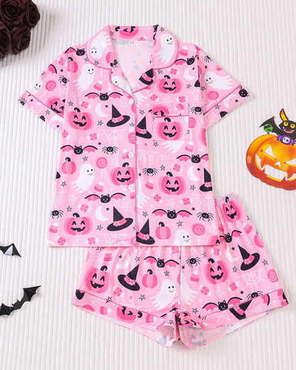 Halloween Fun Print Lapel Short-sleeved Shorts Casual Home Wear Suit