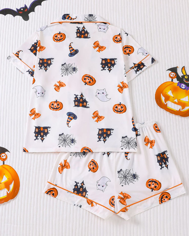 Halloween Fun Print Lapel Short-sleeved Shorts Casual Home Wear Suit
