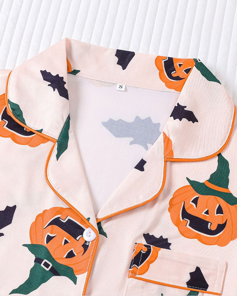 Halloween Fun Print Lapel Short-sleeved Shorts Casual Home Wear Suit