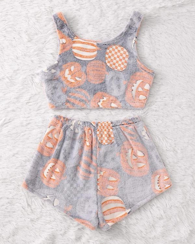 Halloween Flannel Luminous Pumpkin Ghost Print Vest and Elastic Waist Shorts Pajama Set