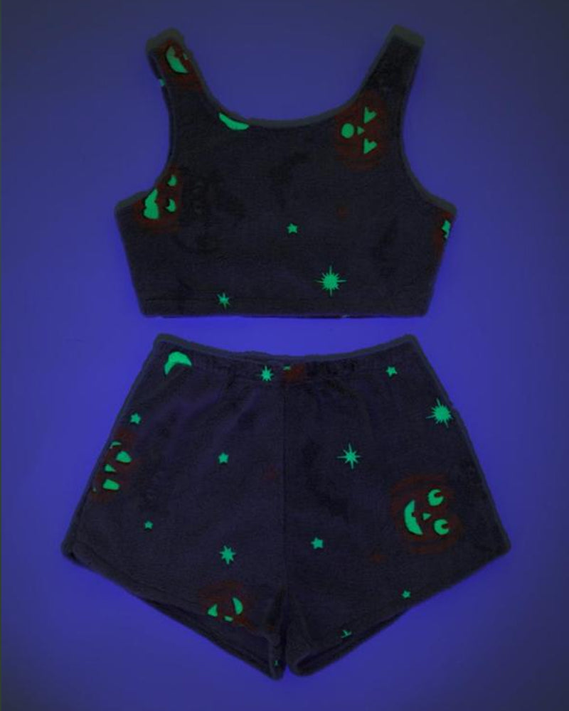 Halloween Flannel Luminous Pumpkin Ghost Print Vest and Elastic Waist Shorts Pajama Set