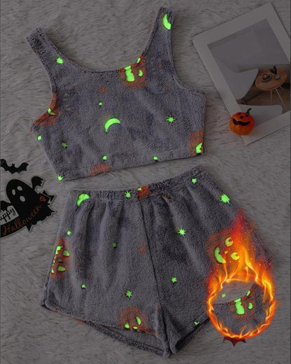 Halloween Flannel Luminous Pumpkin Ghost Print Vest and Elastic Waist Shorts Pajama Set