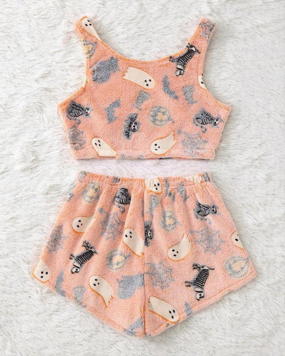 Halloween Flannel Luminous Pumpkin Ghost Print Vest and Elastic Waist Shorts Pajama Set
