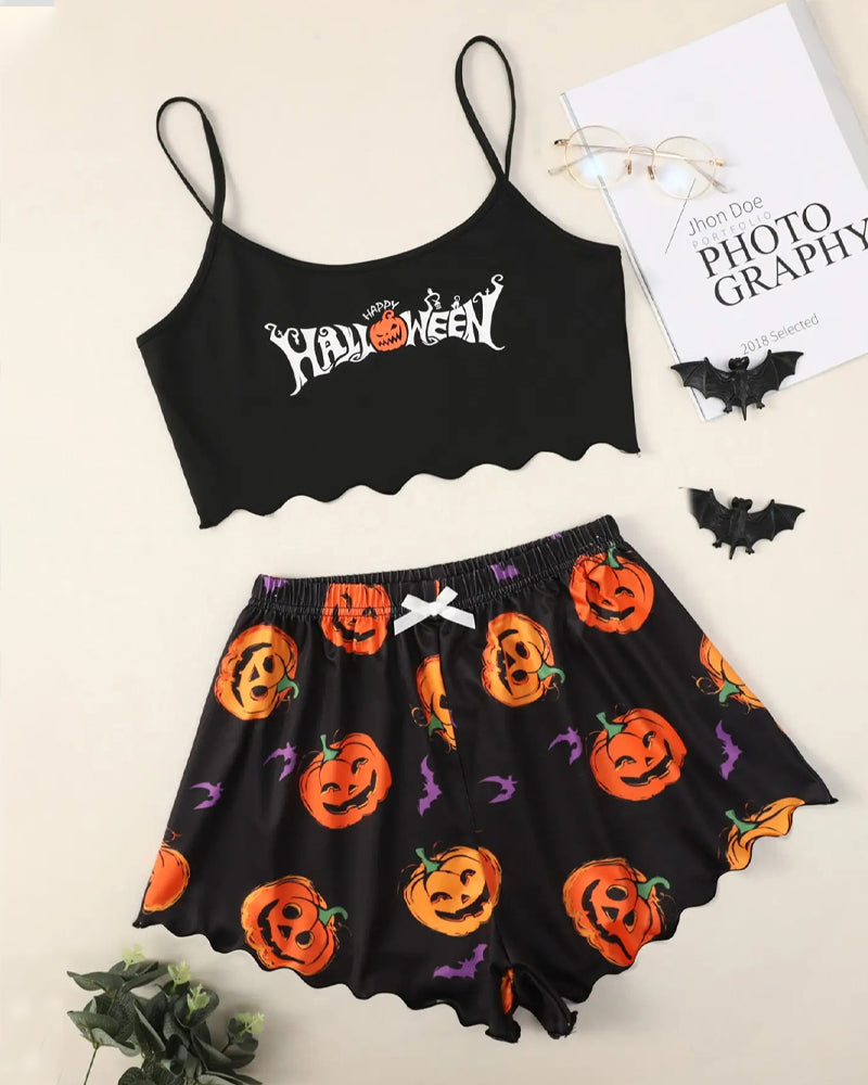 Halloween Fun Print Sleeveless Tank Top and Shorts Loungewear Set