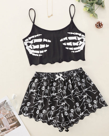 Halloween Fun Print Sleeveless Tank Top and Shorts Loungewear Set