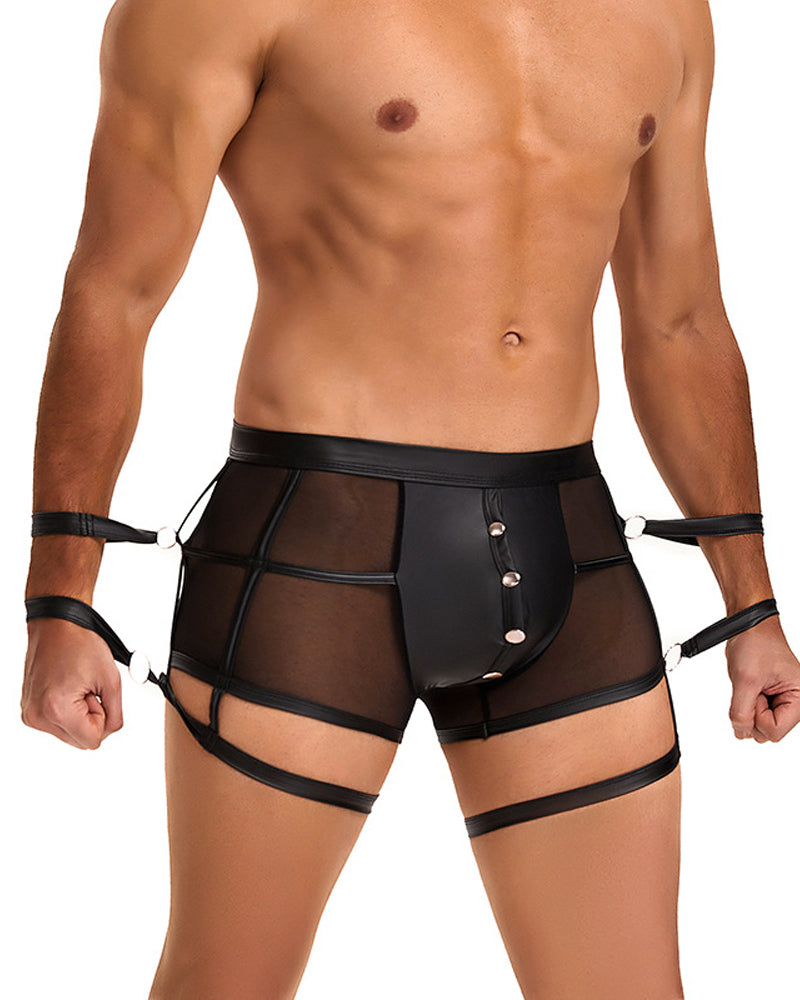 Men's SM Sexy Hidden Button PU Leather See-through Boxer Briefs