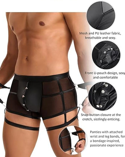 Men's SM Sexy Hidden Button PU Leather See-through Boxer Briefs
