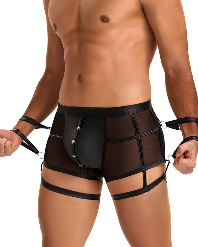 Men's SM Sexy Hidden Button PU Leather See-through Boxer Briefs