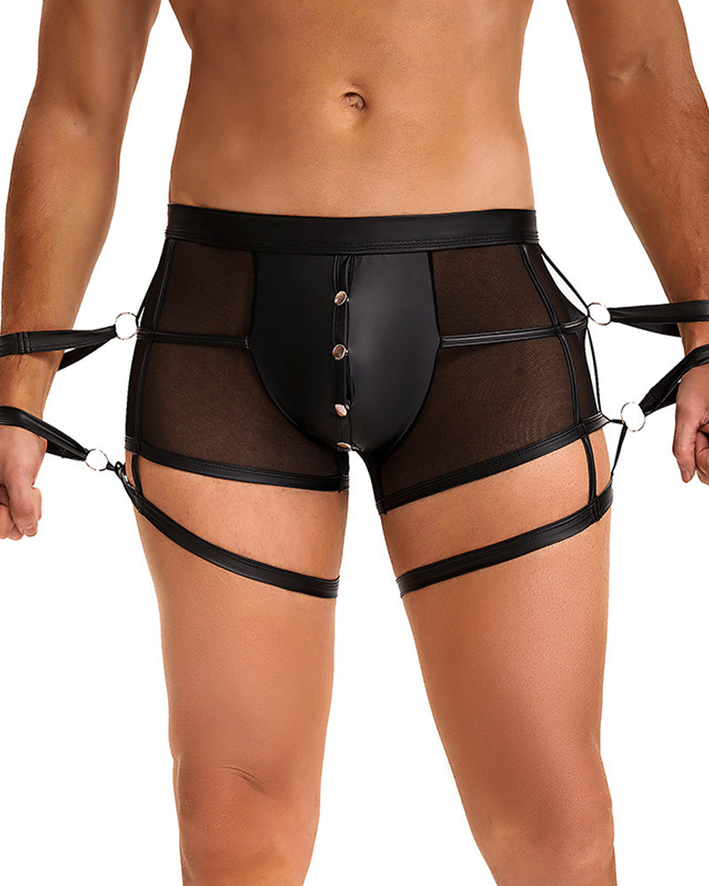 Men's SM Sexy Hidden Button PU Leather See-through Boxer Briefs