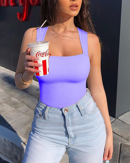Women's Square Neck Sleeveless Knit Ribbed Vest Bodysuit