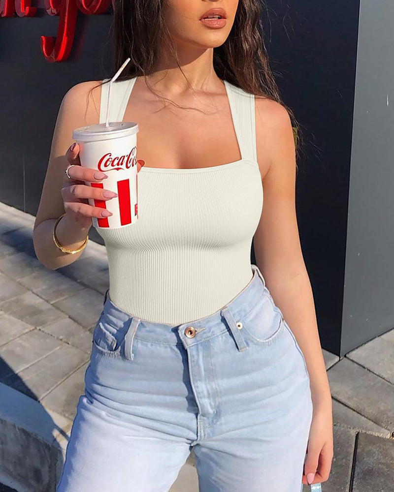 Women's Square Neck Sleeveless Knit Ribbed Vest Bodysuit