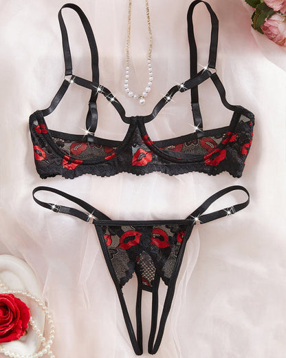 Sexy Lace Red Lip Print Cut-out Bra and Open-crotch Thong Lingerie Set