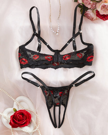 Sexy Lace Red Lip Print Cut-out Bra and Open-crotch Thong Lingerie Set