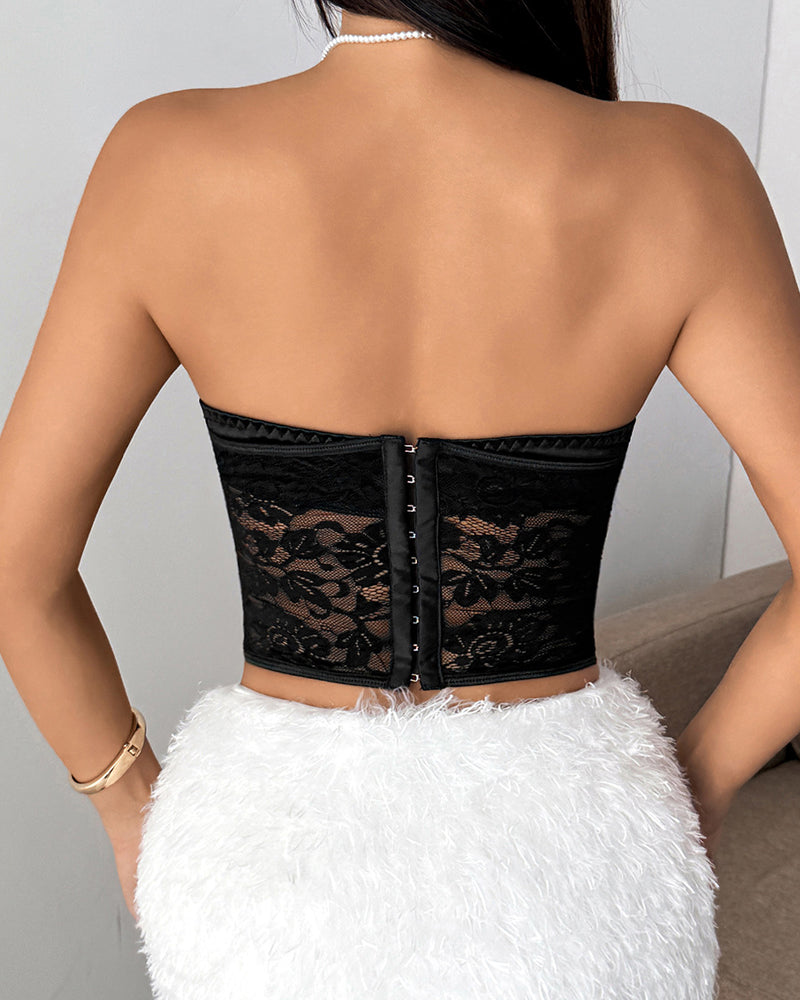 Sexy Floral Lace Sheer Mesh Paneling Strapless Boning Top